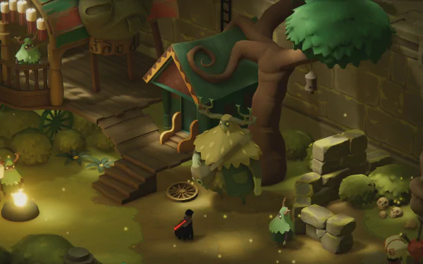 HD desktop wallpaper of Death's Door game featuring a small crow character in a mystical, dimly lit garden with oversized greenery and structures.