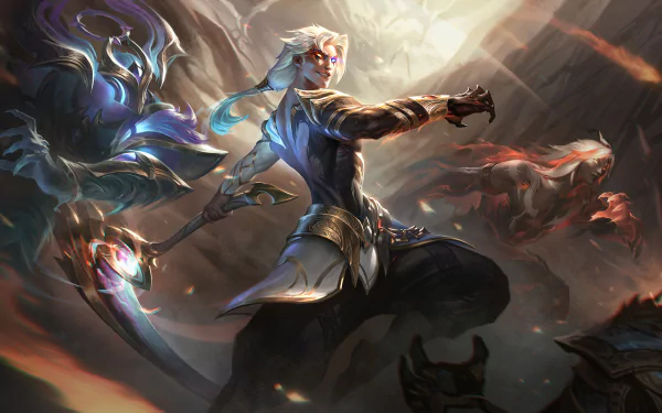 HD PC desktop wallpaper featuring Kayn from League of Legends in dynamic battle poses, capturing the game's intense video game aesthetic.