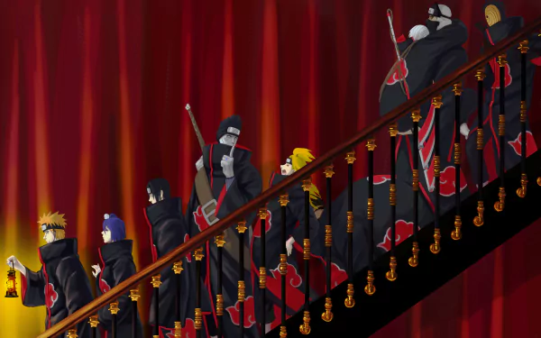 4K Ultra HD PC wallpaper: Akatsuki from Naruto — Obito Uchiha, Itachi Uchiha, Pain, Konan, Kisame Hoshigaki, Deidara, Sasori, Kakuzu, Hidan descend a grand staircase against red curtains.