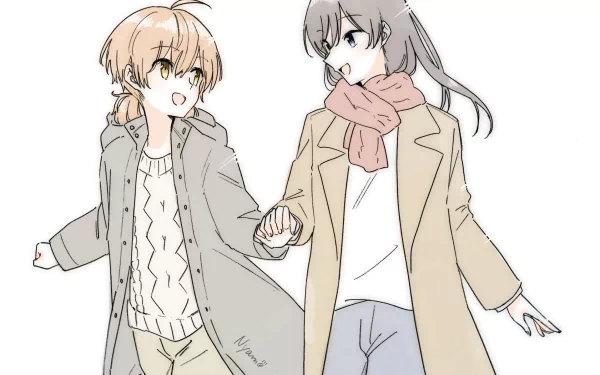HD anime desktop wallpaper featuring Touko Nanami and Yuu Koito from Bloom into You, holding hands and dressed in cozy winter outfits.