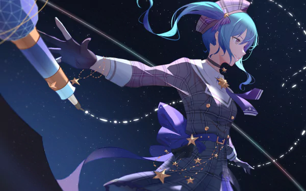 A captivating HD wallpaper featuring Hoshimachi Suisei, a virtual YouTuber from Hololive, illustrated in an enchanting anime style with vibrant blues and starry accents.