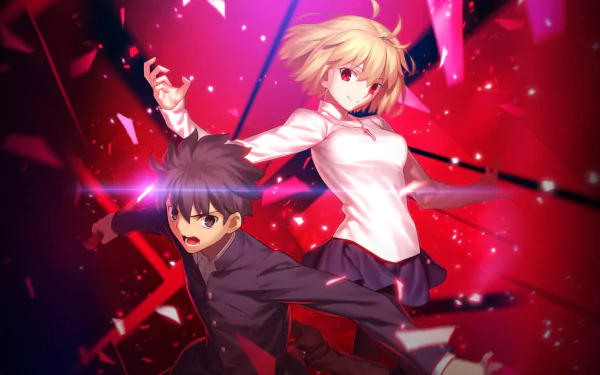 HD Melty Blood: Type Lumina wallpaper featuring dynamic artwork of two animated characters ready for battle against a vivid red background.