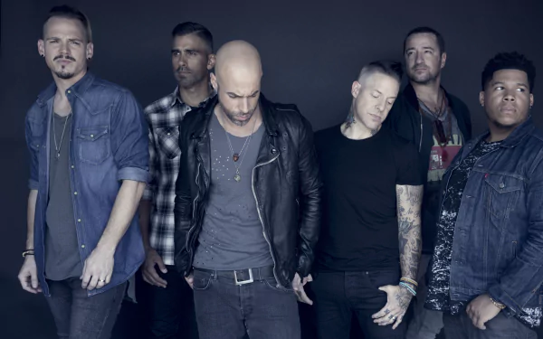 HD wallpaper featuring the band Daughtry posing together for a group photo with a moody backdrop.
