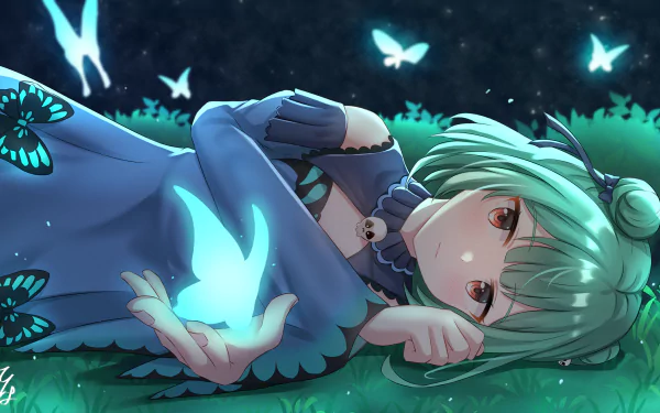 HD anime desktop wallpaper of Uruha Rushia from Hololive, featuring her lying on grass surrounded by glowing blue butterflies in a serene nighttime setting.