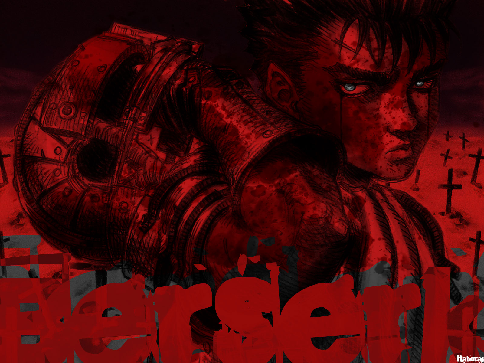 Berserk anime character, Guts, in dynamic action.