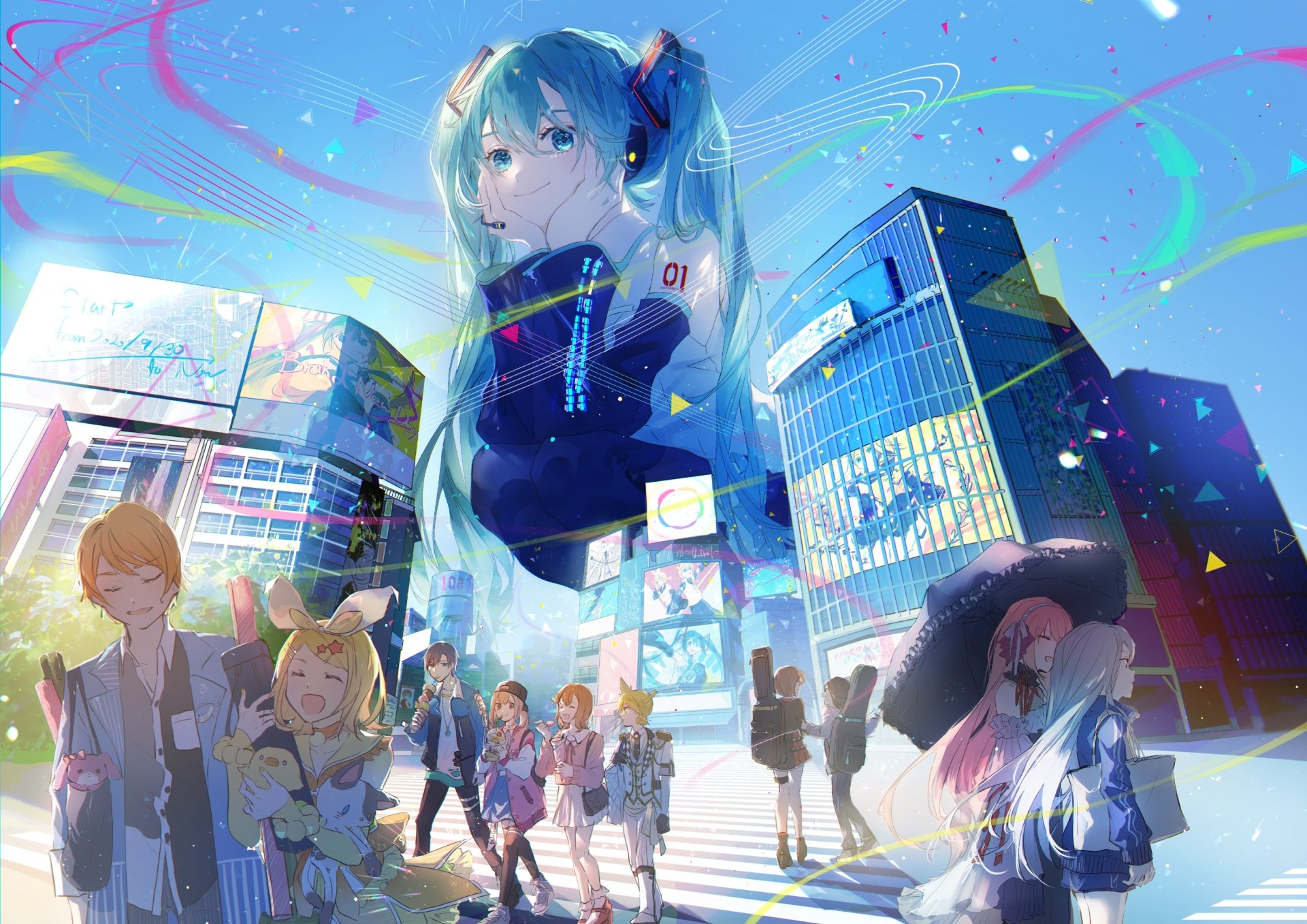 Hatsune Miku anime Vocaloid 4K Ultra HD PC desktop wallpaper: a giant ethereal Miku overlooking a sunlit city plaza filled with pedestrians, neon screens, confetti, and vibrant blue tones.