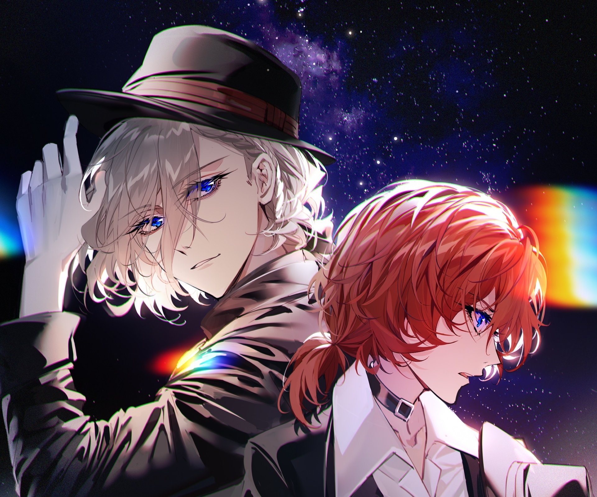 HD anime wallpaper featuring Paul Verlaine and Chuya Nakahara from Bungou Stray Dogs, showcasing vibrant colors and detailed character art against a cosmic background.