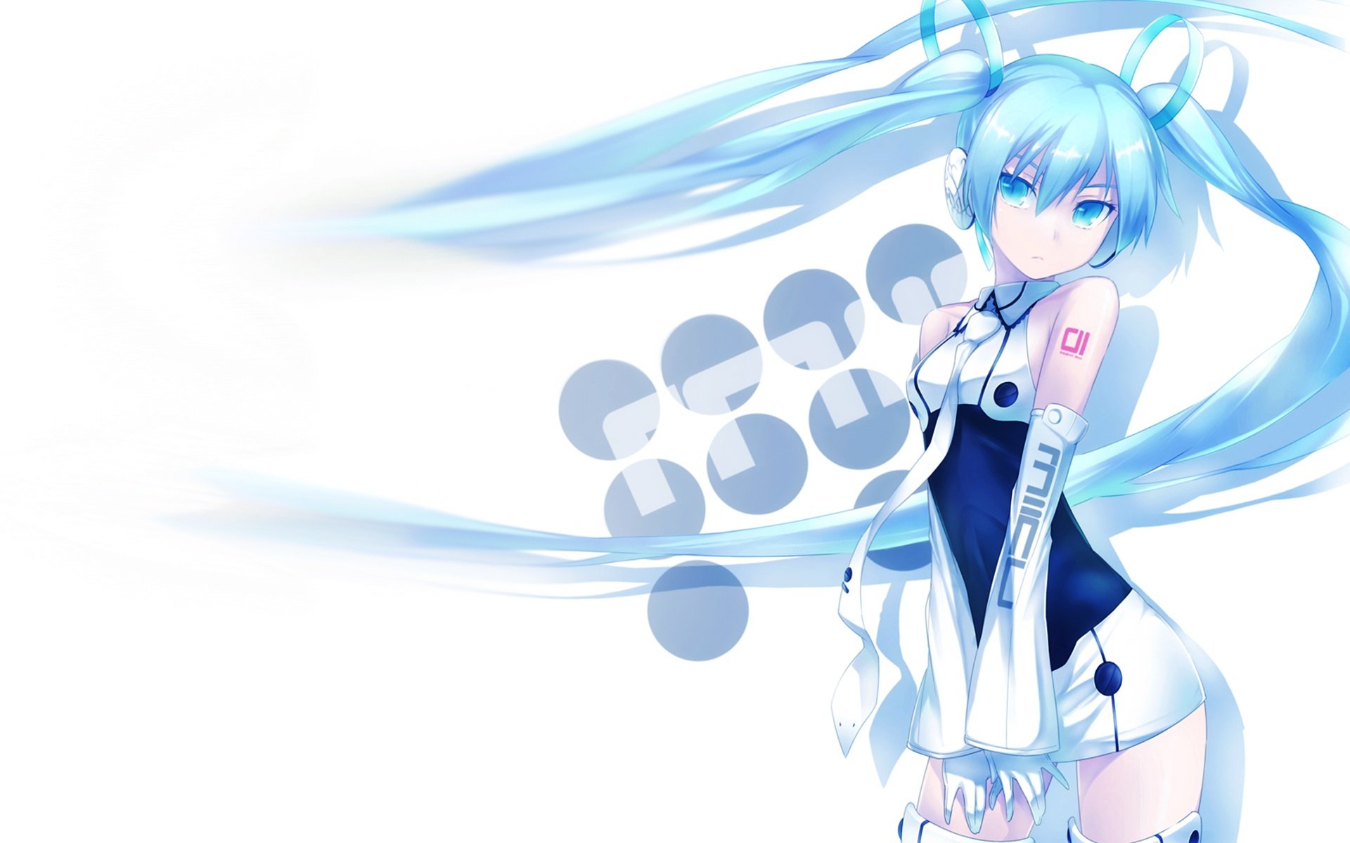 HD desktop wallpaper featuring Hatsune Miku, an anime-styled character from Vocaloid, with a white and blue color scheme and an abstract background.