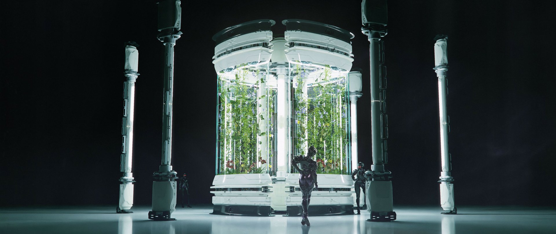 A futuristic sci-fi structure featuring a transparent cylindrical chamber with lush greenery, surrounded by sleek pillars, creating a striking HD desktop wallpaper and background.