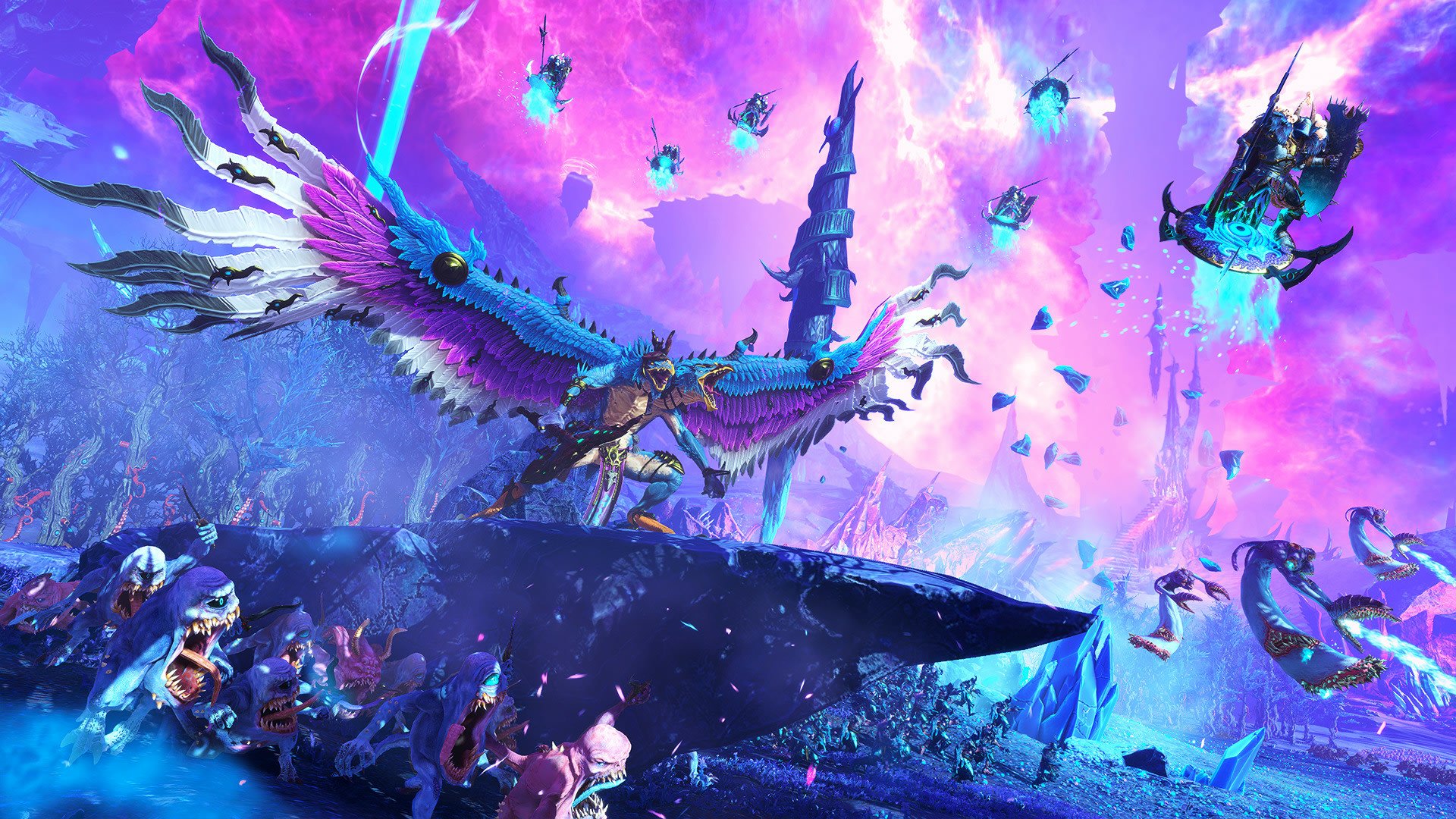 HD PC desktop wallpaper for the video game Total War: Warhammer III — a vibrant purple sky over crystal-strewn floating islands as a colossal winged warrior leads an airborne assault.