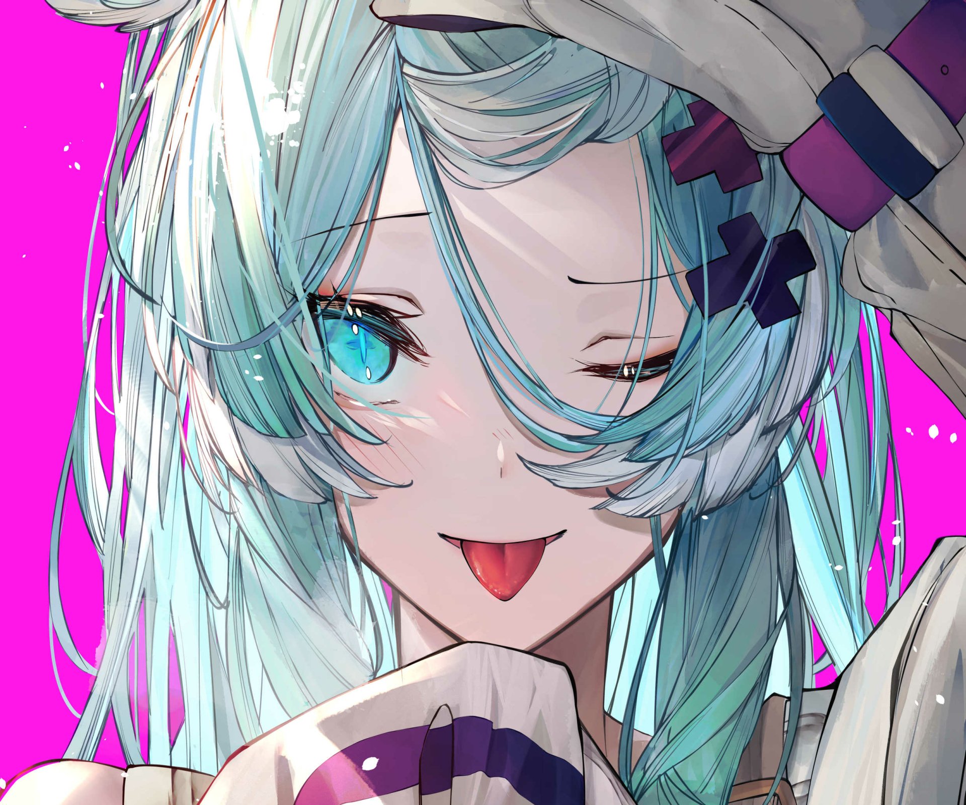 Elira Pendora (Nijisanji) anime Virtual Youtuber close-up — teal hair, winking with tongue out against vivid pink; HD PC desktop wallpaper and background.