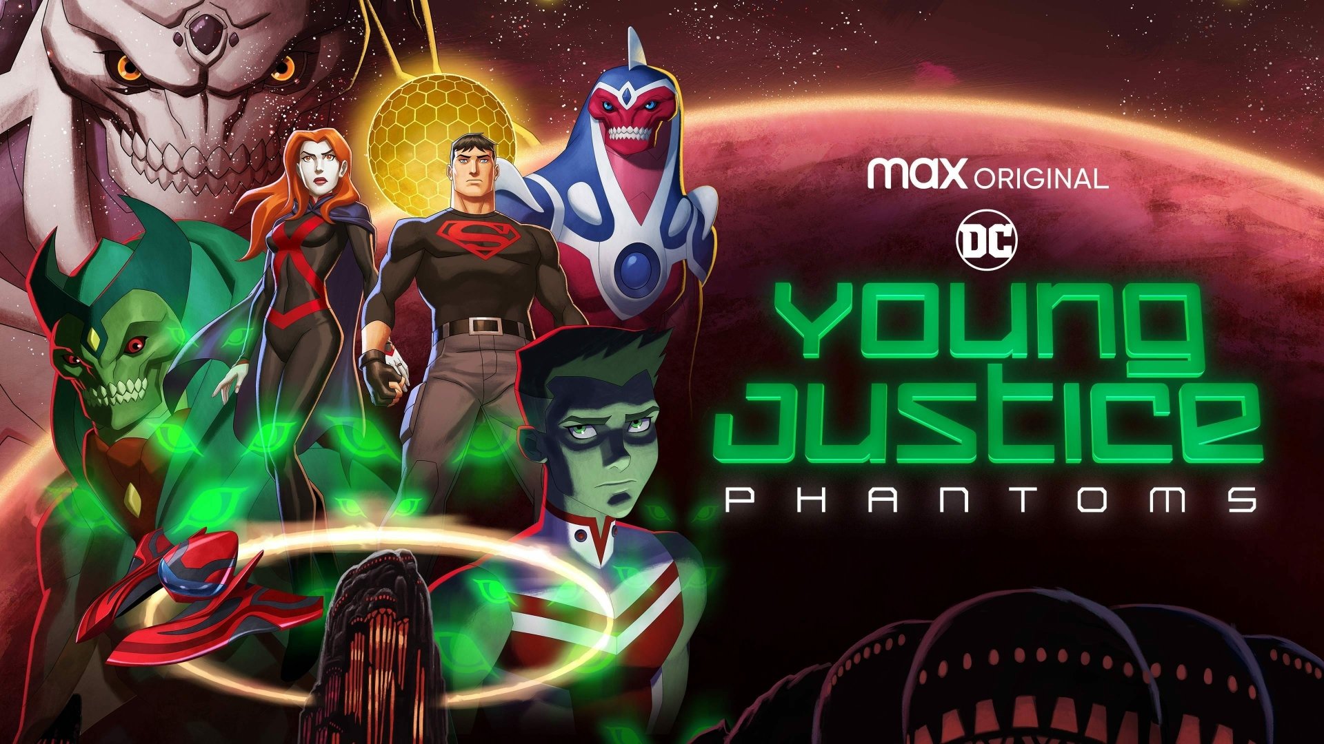 4K Ultra HD PC wallpaper of the Young Justice TV show featuring M'gann M'orzz (Miss Martian), Garfield Logan (Beast Boy), and Conner Kent (Superboy) in a dramatic cosmic scene.