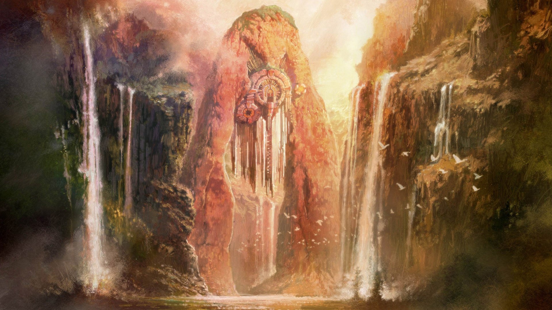 A breathtaking fantasy landscape featuring majestic waterfalls cascading down vibrant rock formations, set against a dreamy, warm backdrop. This HD wallpaper immerses you in an enchanting world.