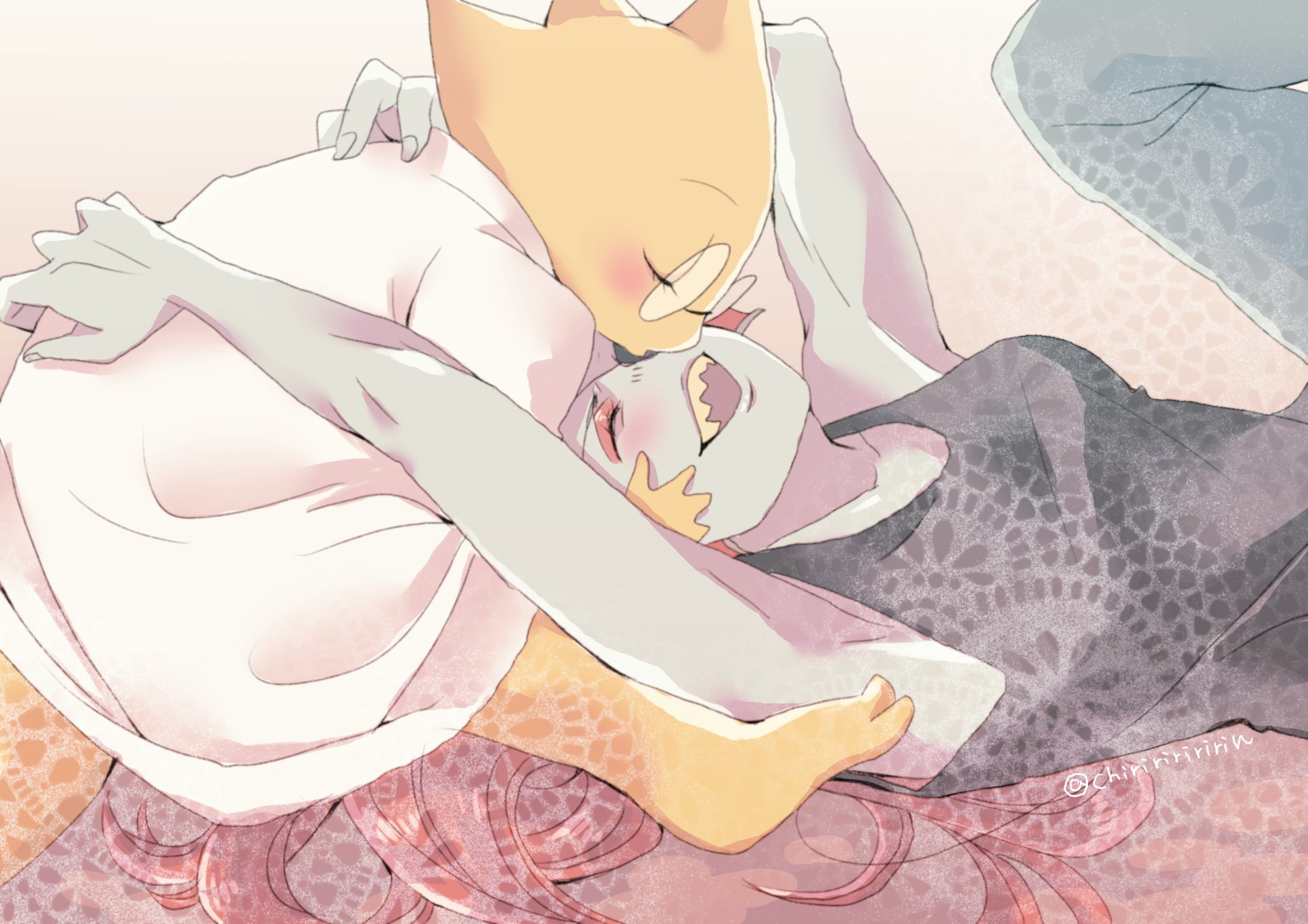 Alphys and Undyne (Undertale) cuddle on a patterned bed in soft pastels — fan art 2K Quad HD PC desktop wallpaper/background featuring video game characters.