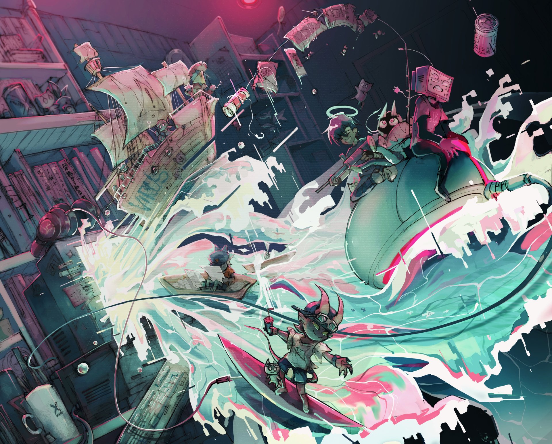 Anime Original gamer 2K Quad HD PC desktop wallpaper/background: explosive neon scene with characters surfing paint waves, floating books and gaming gear.