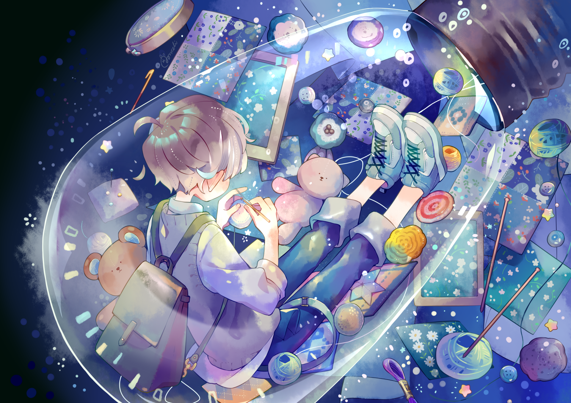 HD anime desktop wallpaper depicting a boy surrounded by glowing light bulbs and whimsical objects, creating a dreamy, ethereal atmosphere.