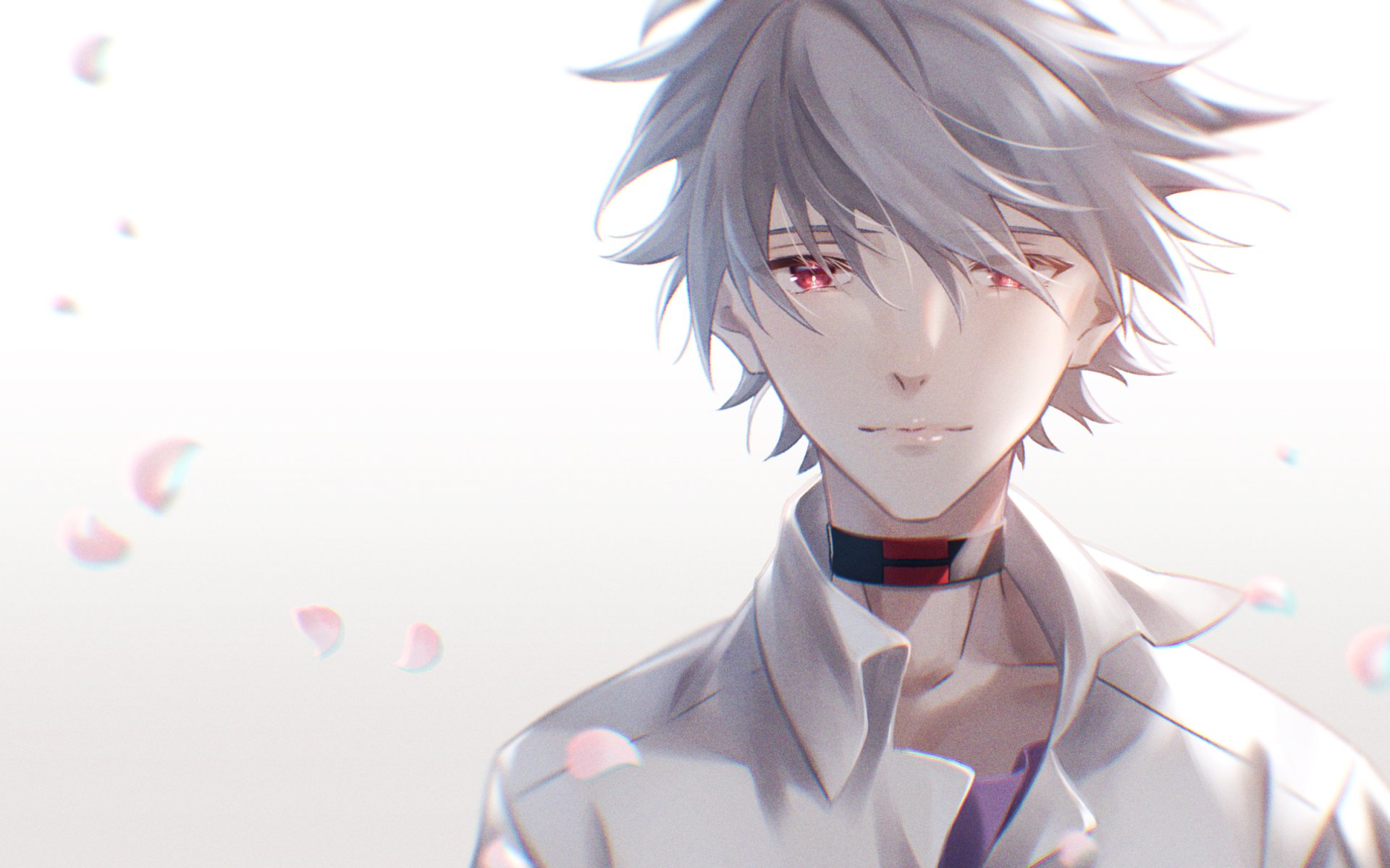 HD PC desktop wallpaper of Kaworu Nagisa (Neon Genesis Evangelion): soft-lit portrait with silver hair, red eyes, open white shirt and drifting cherry blossom petals.