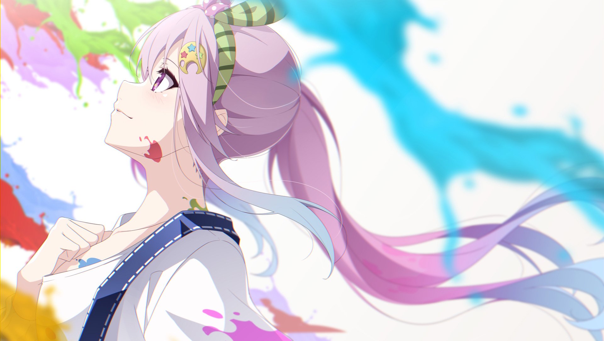 HD desktop wallpaper featuring Airani Iofifteen, a vibrant anime-style Virtual YouTuber from hololive, with flowing pink hair against a bright, colorful background.