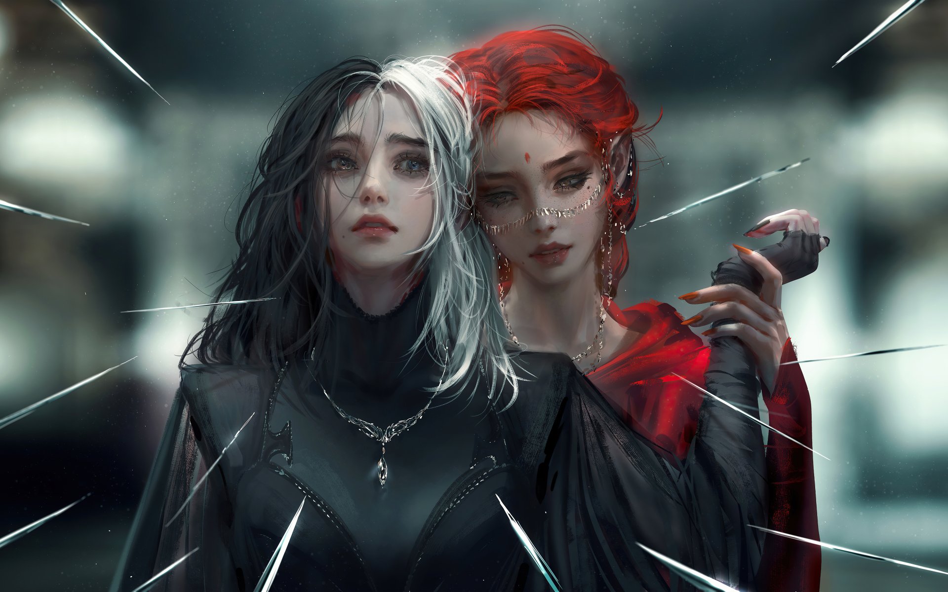 A 4K Ultra HD fantasy PC wallpaper featuring two women with contrasting hair colors—one black and white, the other vibrant red—set against a blurred background with shattered glass effects.