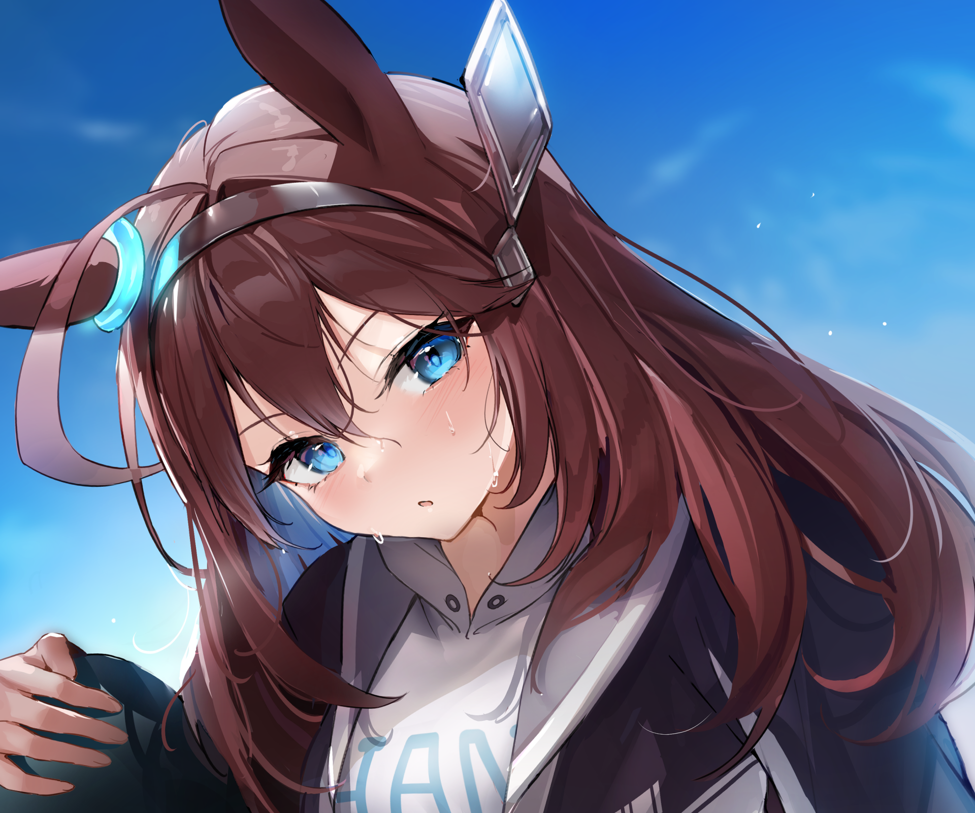 Close-up of Mihono Bourbon from Uma Musume: Pretty Derby — blue-eyed anime girl with long brown hair and ear-like headgear against a bright sky. 2K Quad HD PC desktop wallpaper.