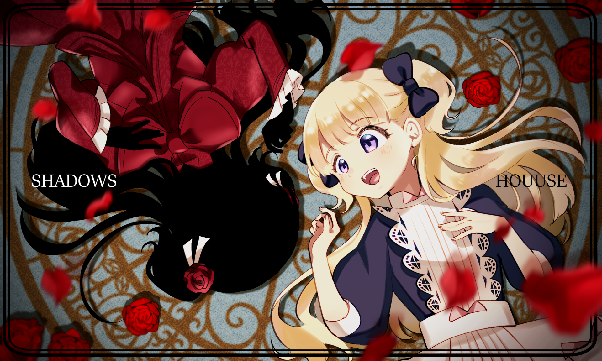 HD anime desktop wallpaper of Kate and Emilico from Shadows House: blonde Emilico smiling beside her dark, shadowy counterpart, surrounded by red roses and ornate filigree.