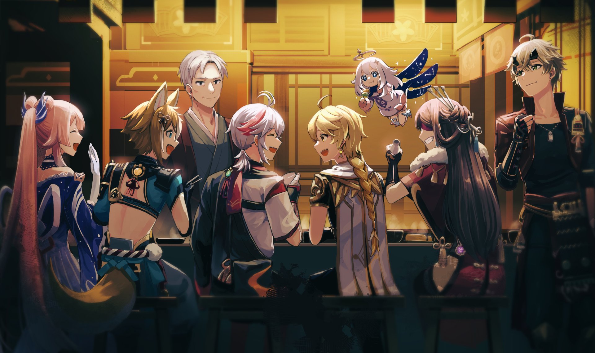 HD PC desktop wallpaper featuring Thoma, Sangonomiya Kokomi, Paimon, Kaedehara Kazuha, Gorou, Beidou, and Aether from the video game Genshin Impact.