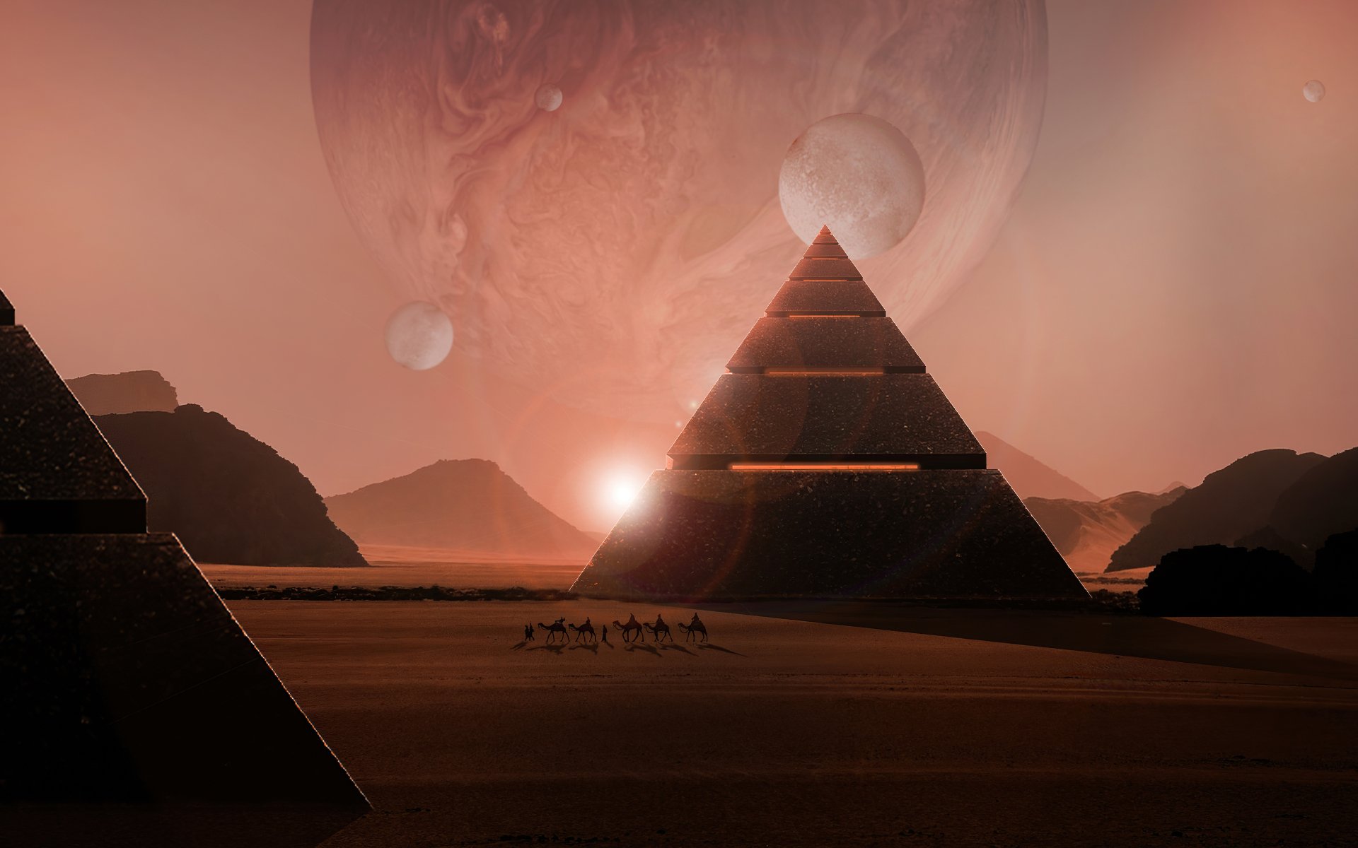 Sci-fi desert landscape with glowing pyramids under a large planet and moons in a 4K Ultra HD desktop wallpaper.