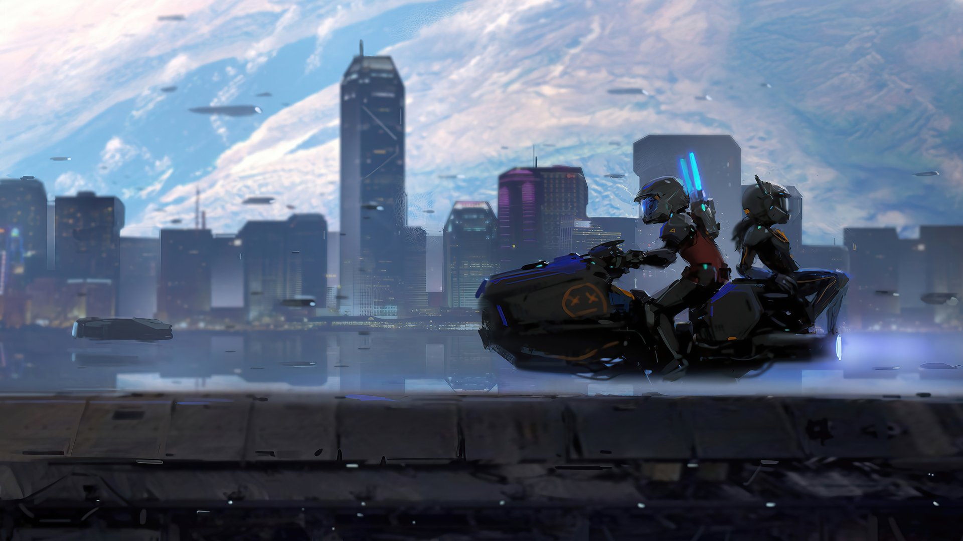 HD PC desktop wallpaper showing a futuristic sci‑fi city: neon skyline and waterfront, a sleek hovering vehicle with two armored riders speeding along an elevated road.