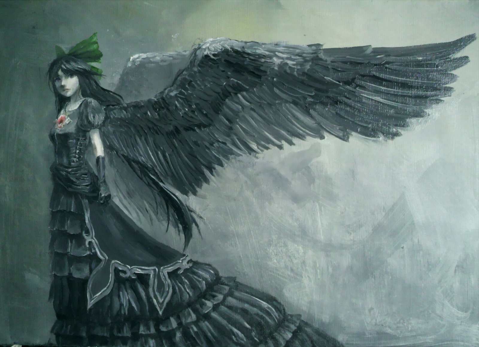 A stunning HD anime wallpaper featuring Utsuho Reiuji with long black hair and majestic wings, showcasing her powerful and enigmatic presence against a muted background.