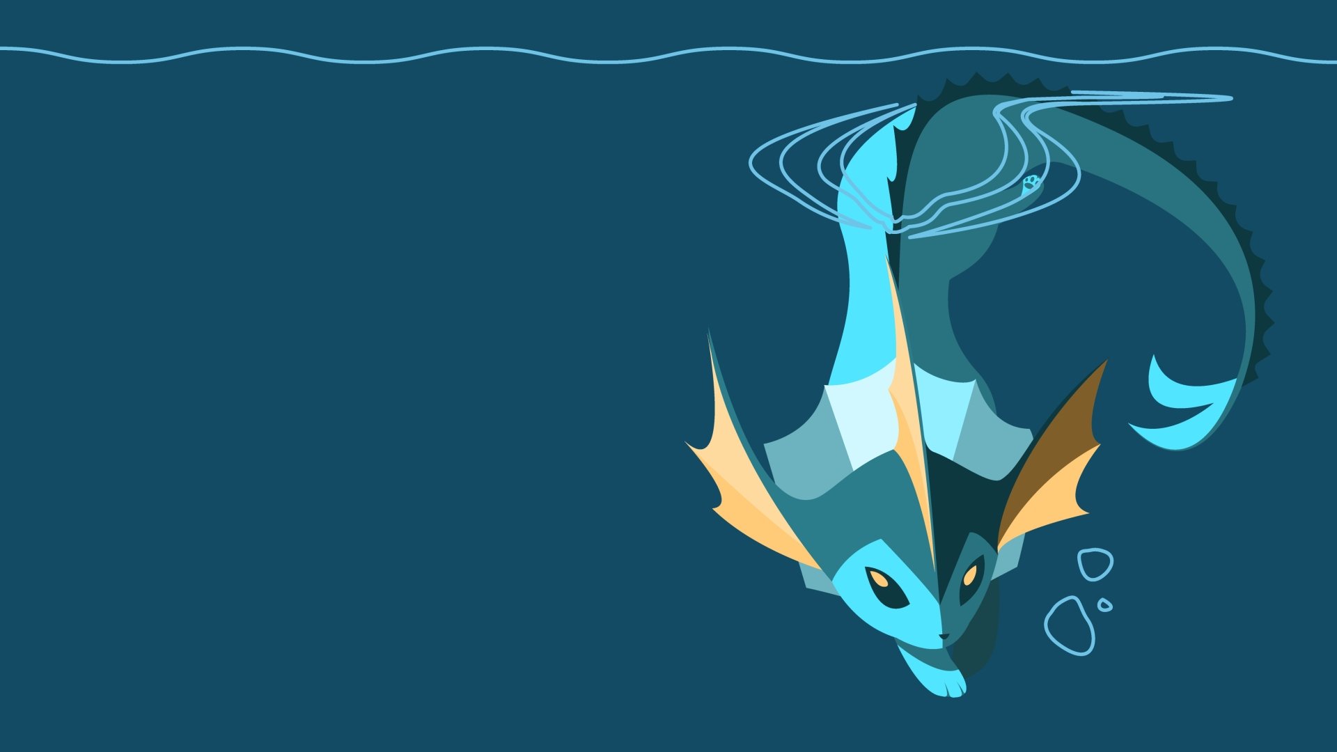 Minimalist 4K Ultra HD PC desktop wallpaper of Vaporeon (Pokémon) diving downward in stylized flat shapes on a teal background with ripples and bubbles — video game/Pokémon minimalist gaming art.