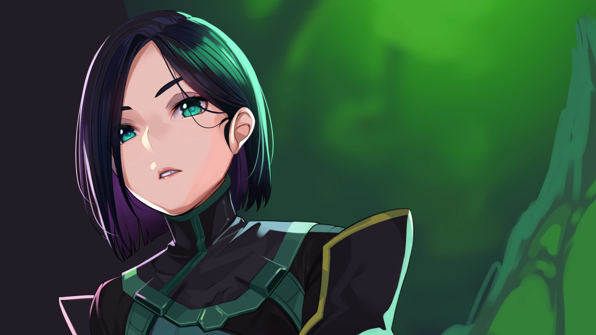 HD PC desktop wallpaper featuring Viper from the video game Valorant, showcasing her with a focused expression against a green and dark background.