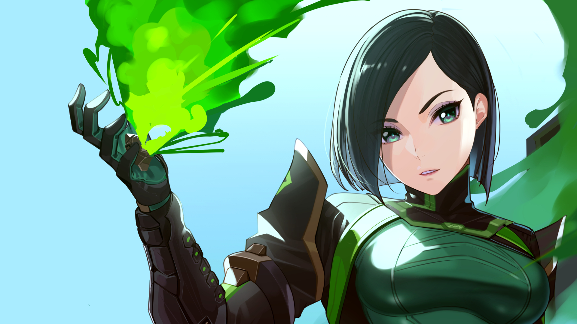 Viper (Valorant) in a green tactical suit, unleashing neon-green toxin from her gloved hand — stylized HD PC desktop wallpaper background from the Valorant video game.