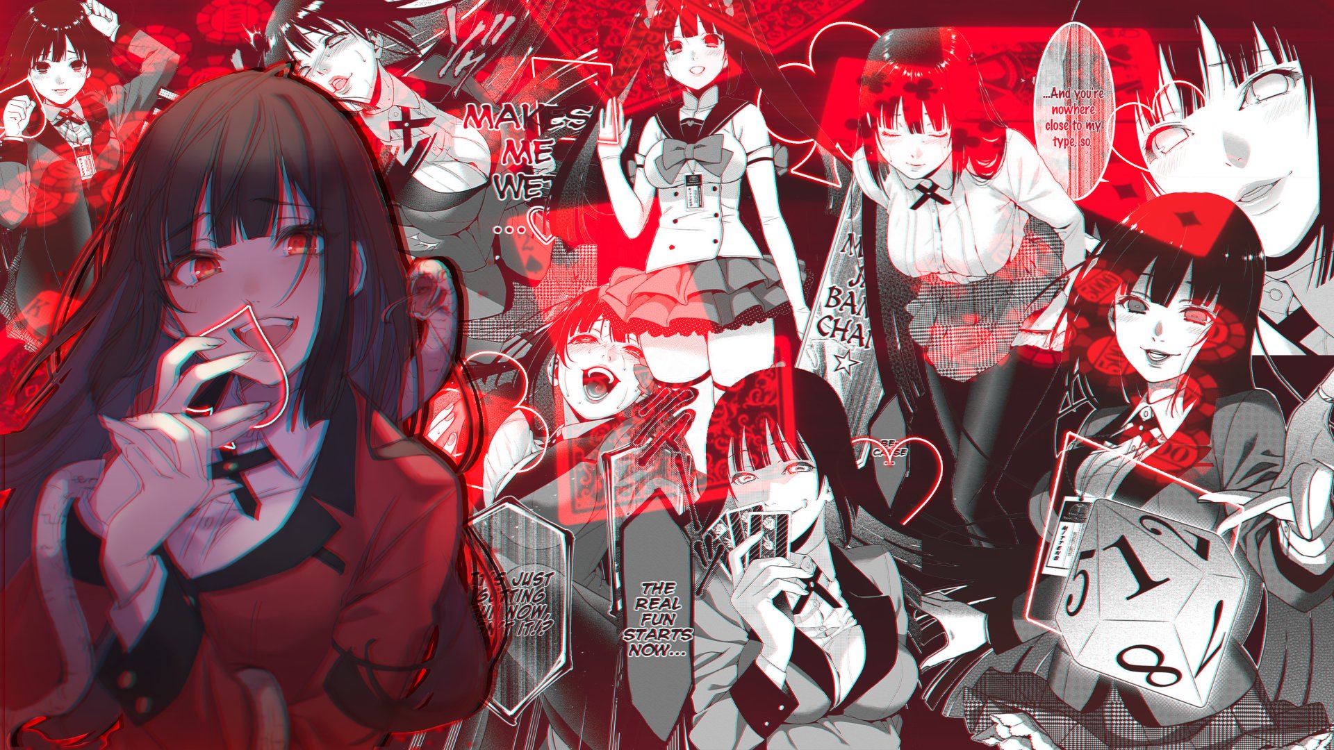 4K Ultra HD PC desktop wallpaper featuring Yumeko Jabami (Anime, Kakegurui): red-black collage of her dramatic expressions, cards, dice, and gambling motifs.