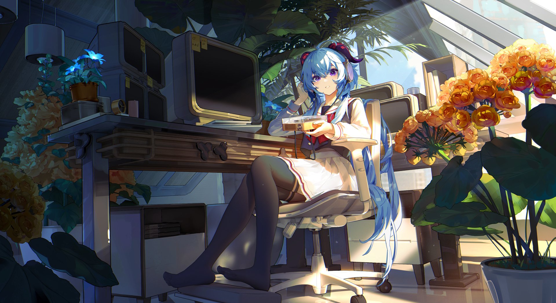 HD desktop wallpaper of Ganyu from Genshin Impact sitting at a desk with a peaceful, sunlit background, surrounded by plants and vibrant flowers.