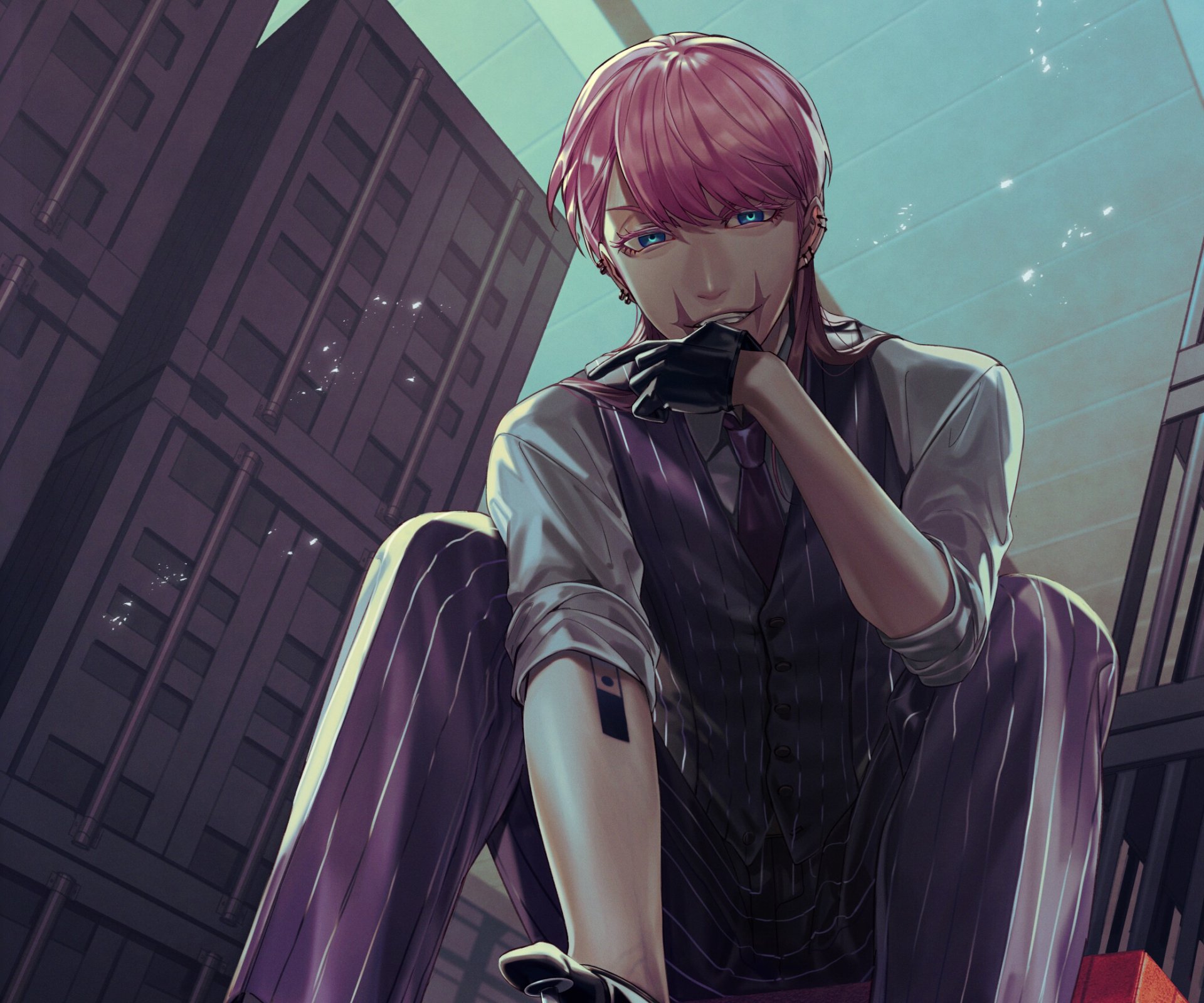 HD anime desktop wallpaper featuring Haruchiyo Sanzu from Tokyo Revengers, showcasing him with a confident pose against an urban nighttime backdrop.