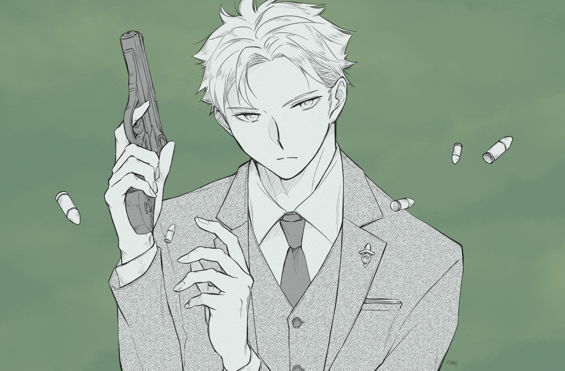 HD anime desktop wallpaper featuring Loid Forger from Spy x Family, depicted in a grayscale suit holding a handgun with bullets floating around.