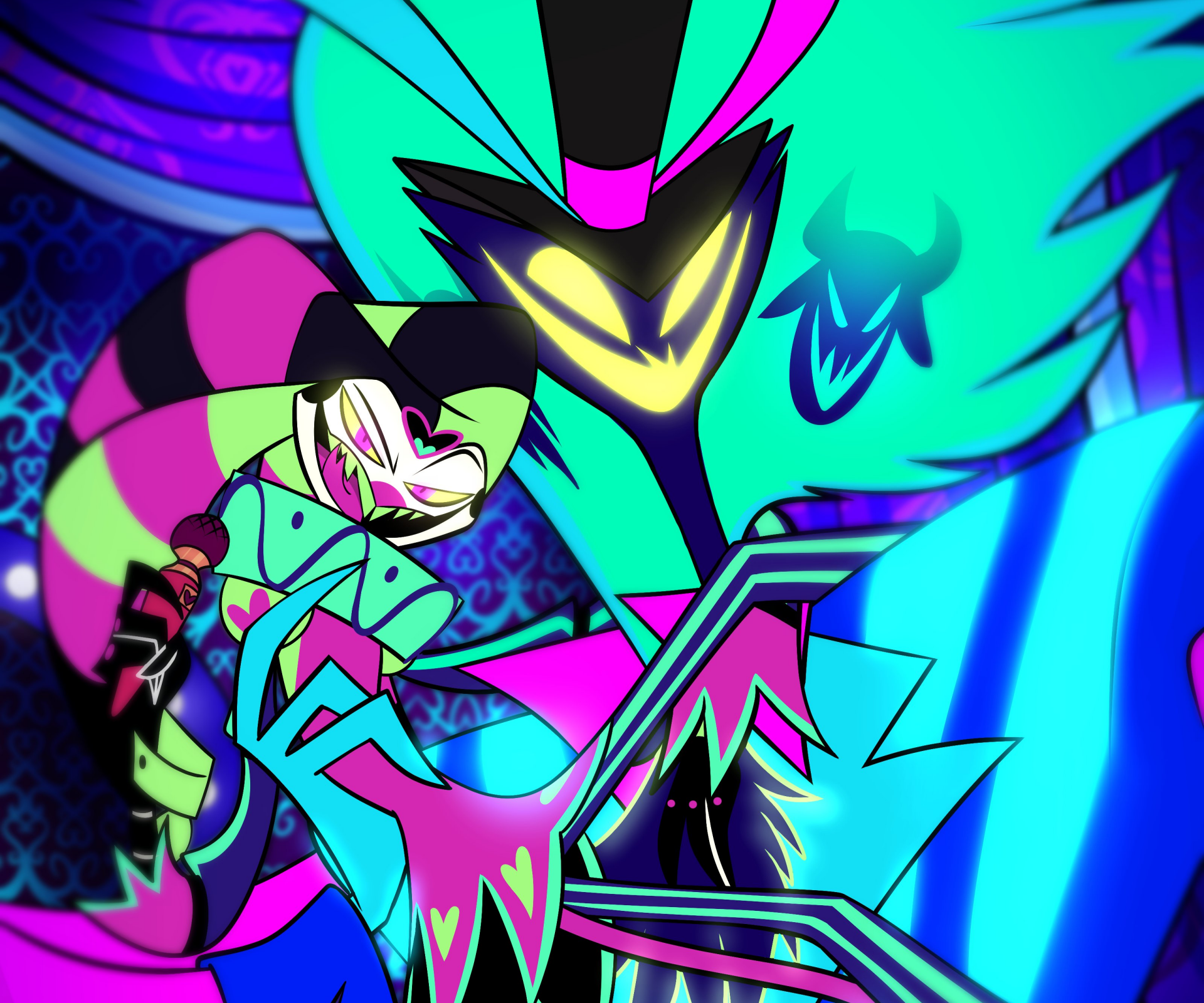 HD PC desktop wallpaper featuring Fizzarolli and Asmodeus from the TV show Helluva Boss in vibrant, neon colors.