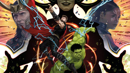 2K Quad HD PC desktop wallpaper for Thor: Ragnarok — Thor leaping with lightning, Hulk roaring, and Valkyrie and Loki portraits set against a vibrant cosmic, comic‑style background.