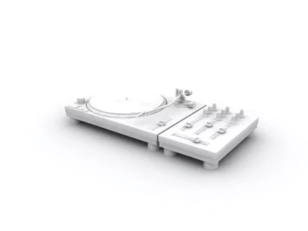 Minimal all-white record player and mixer with a vinyl record, music-themed HD PC desktop wallpaper/background.