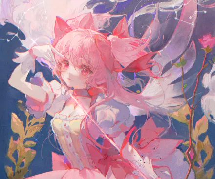 HD PC desktop wallpaper featuring Madoka Kaname from the anime Puella Magi Madoka Magica surrounded by ethereal colors and floral elements.