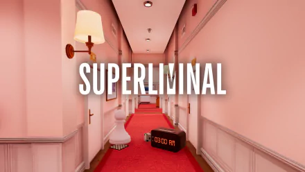 Superliminal HD desktop wallpaper featuring a surreal hotel hallway with oversized objects and the game's title displayed prominently.