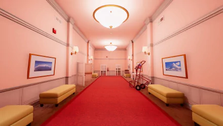 HD desktop wallpaper featuring a Superliminal game hallway with red carpet, art on walls, and a wheeled cart.