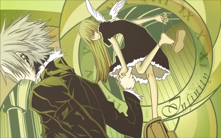 HD anime desktop wallpaper by Heine Rammsteiner featuring characters from Dogs: Bullets & Carnage with dynamic poses against a background of clock and green tones.