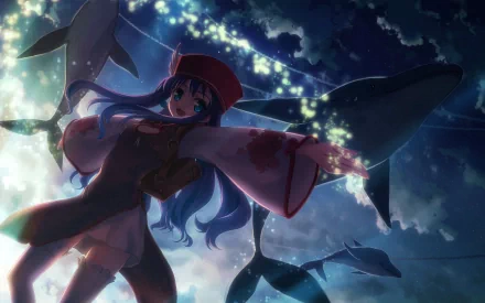 HD PC desktop wallpaper from DJMax video game: blue-haired anime girl in a red hat and flowing robe reaches out as glowing particles swirl and whales glide across a starry night sky.