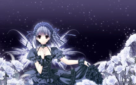 An enchanting anime angel in a dark dress, surrounded by white roses against a starry night backdrop. This HD wallpaper captivates with its ethereal beauty.