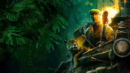 4K Ultra HD Jungle Cruise movie wallpaper featuring Dwayne Johnson navigating a dense jungle with a torch and a leopard beside him.