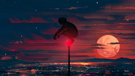 An anime boy perches on a high pole, overlooking a vast cityscape at night with a full moon illuminating the sky. The scene features vibrant colors and an HD quality, creating a stunning desktop wallpaper.