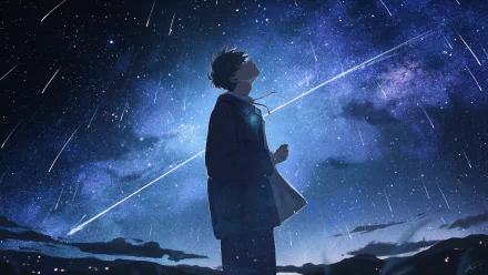 An anime boy stands beneath a starry night sky, captivated by shooting stars and a galactic backdrop, creating a stunning 4K Ultra HD desktop wallpaper.