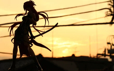 Silhouette of Saeko Busujima from the anime Highschool of the Dead against a dusk sky. This HD desktop wallpaper features an anime character with power lines and a sunset background.
