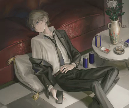 4K Ultra HD PC desktop wallpaper: anime boy in a school uniform reclining on a sofa with loosened tie, moody lighting, nearby table with drinks and a vase.